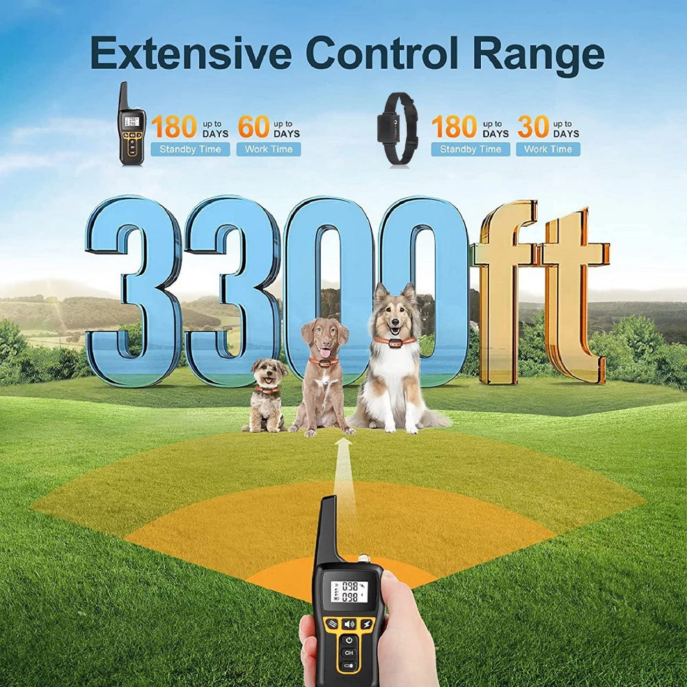 Black and yellow remote dog training collar with long 1000m range and extended battery life, shown in a field setting.