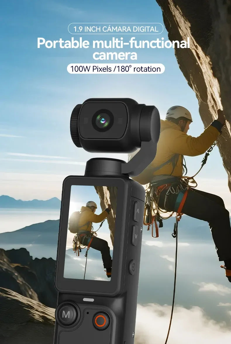 Black plastic portable digital camera with a 1.9-inch screen and a rotatable lens head.