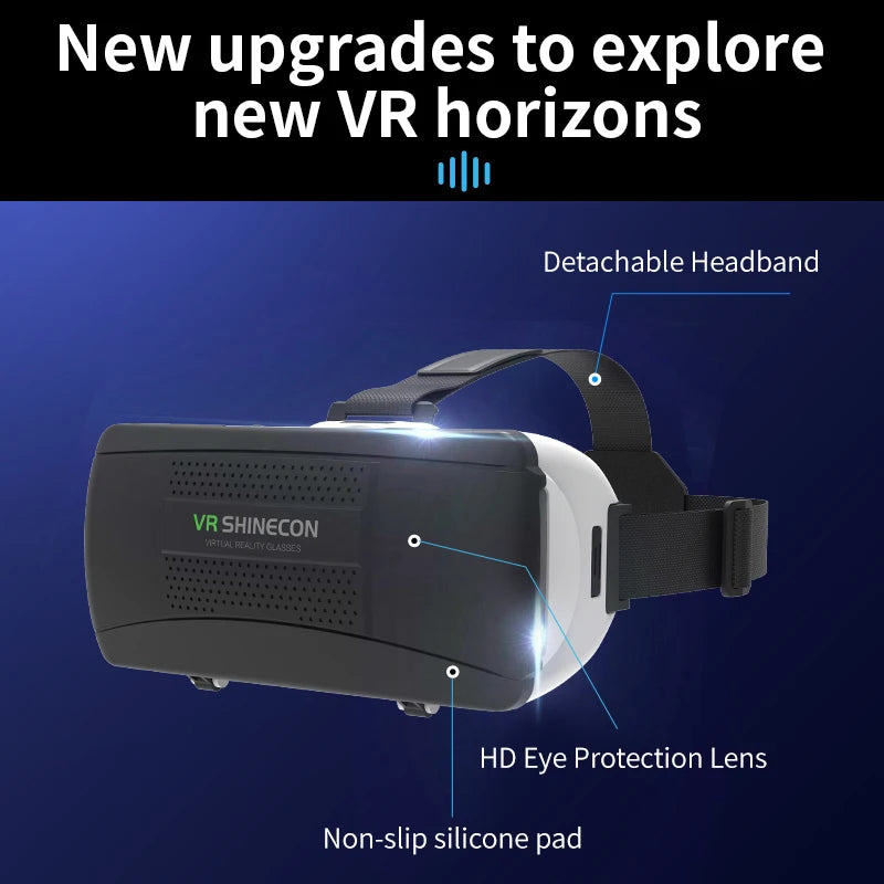 Black and white VR headset with adjustable black headband, front ventilation holes, and green logo text.