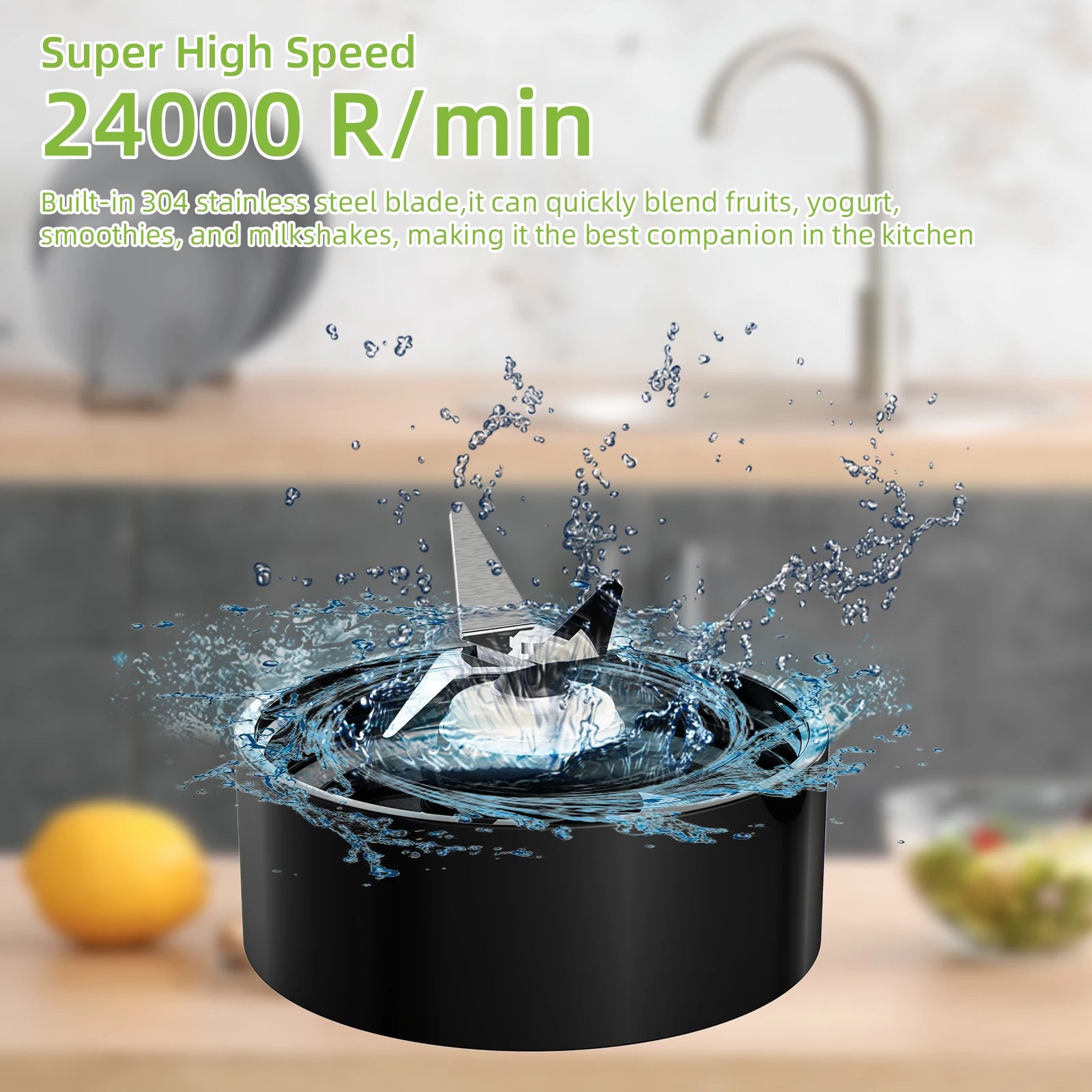 Black blender base with a stainless steel multi-blade attachment, shown spinning in water with a kitchen background.