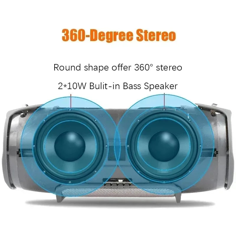Portable grey waterproof Bluetooth speaker with dual 10W bass drivers for 360-degree stereo sound.