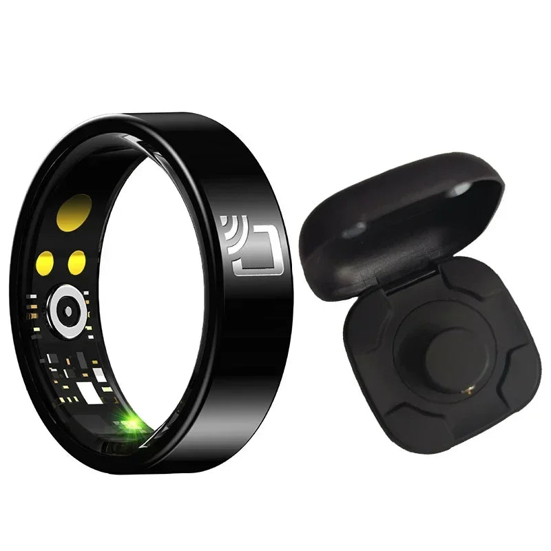 Sleek black smart ring with internal health sensors and an NFC icon, shown with its matching magnetic charging case.