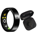 Sleek black smart ring with internal health sensors and an NFC icon, shown with its matching magnetic charging case.