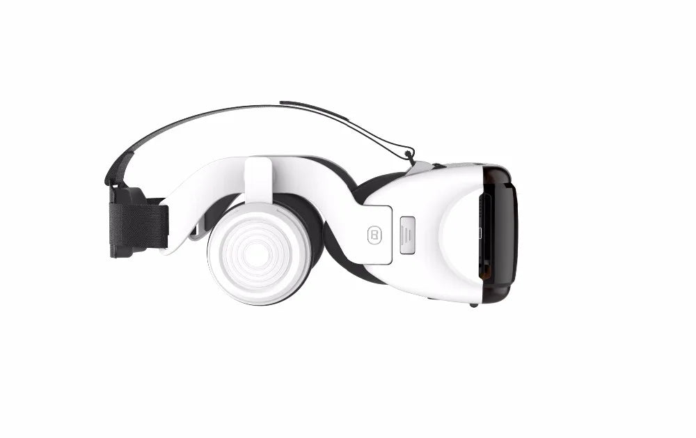 Side view of a white and black smartphone VR headset with adjustable head straps and cushioned eye-pieces.