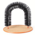 Black cat grooming arch brush on a round, beige textured scratching mat base.