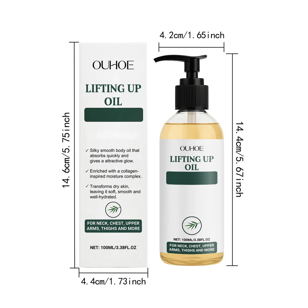100ml lifting body oil in a pump bottle with its white and green box, featuring hydration and skin-firming benefits.