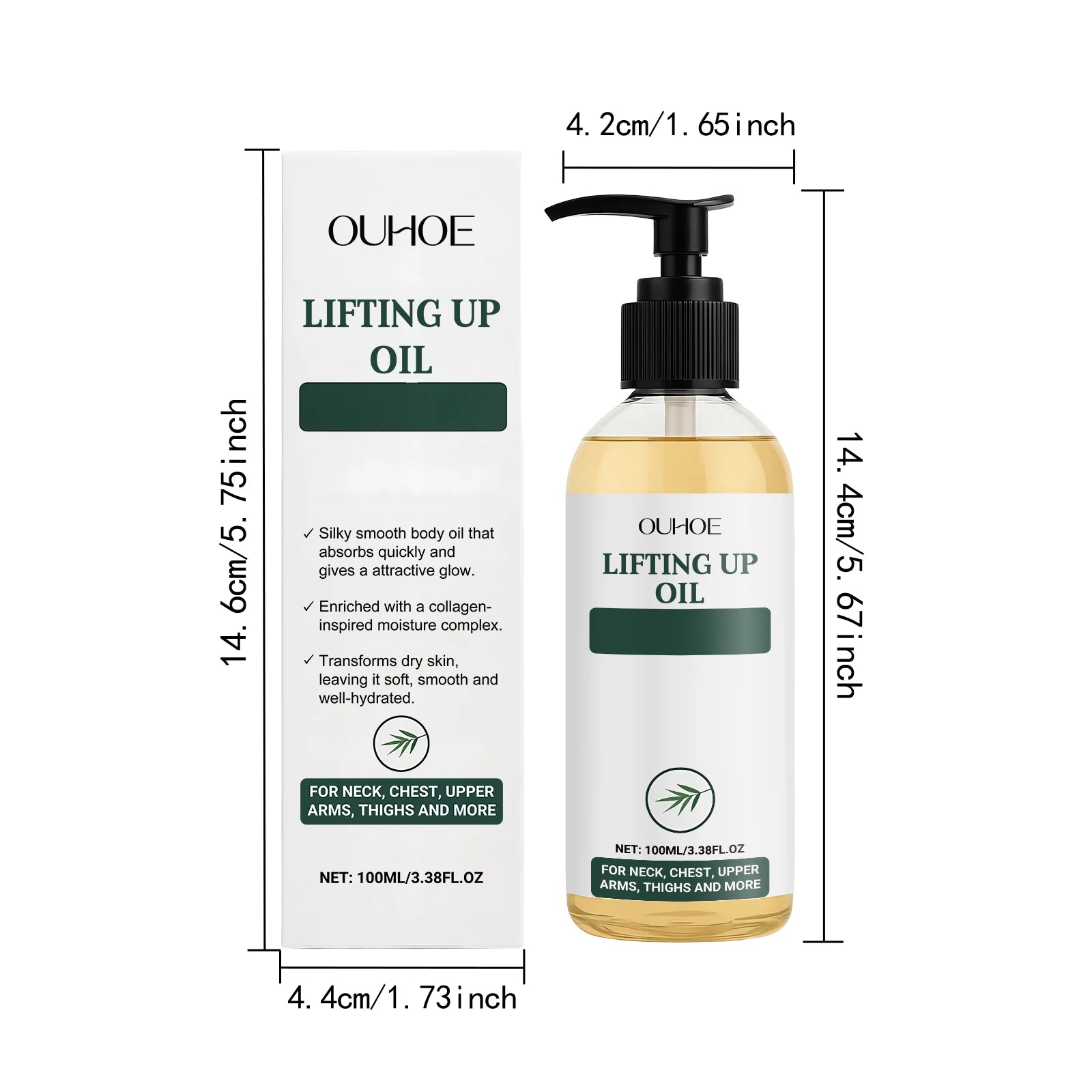 100ml lifting body oil in a pump bottle with its white and green box, featuring hydration and skin-firming benefits.