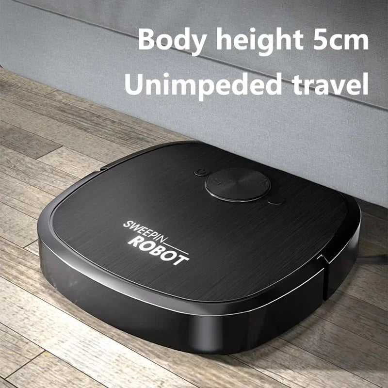 A black robotic vacuum cleaner on wood flooring slides easily under a low couch.