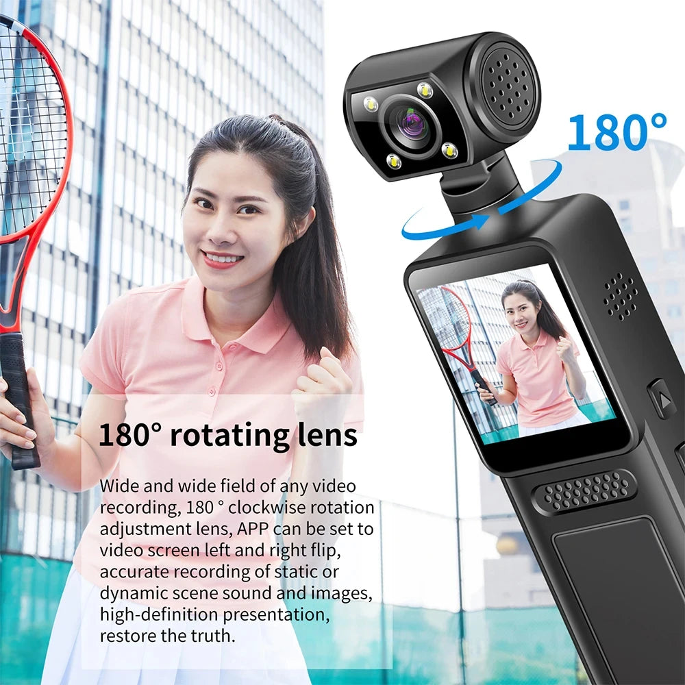 Black handheld digital video camera with a 180-degree rotating lens and LCD screen.
