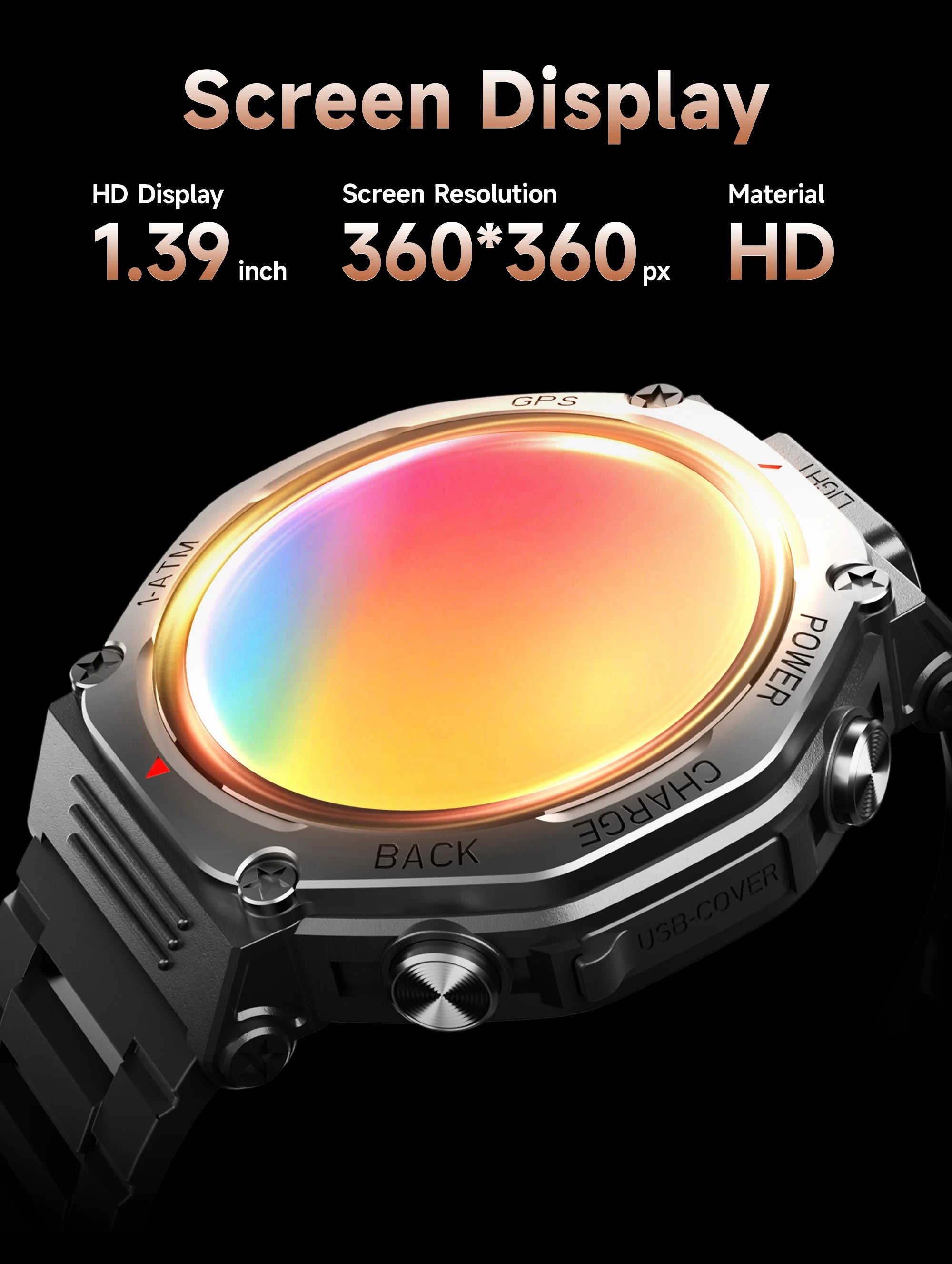 Rugged silver and black smartwatch with a bright, circular 1.39-inch HD display, GPS, and side-mounted buttons.
