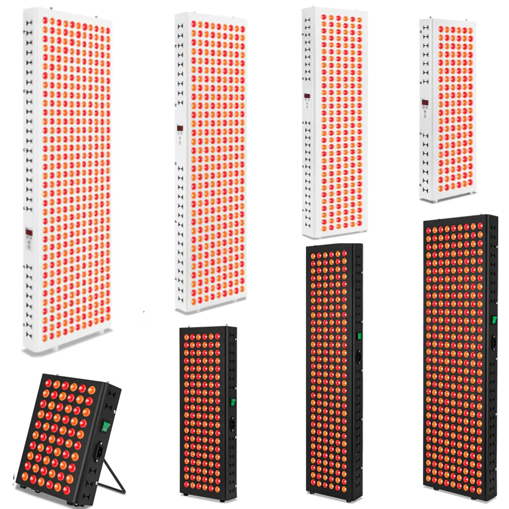 Eight red and near-infrared light therapy panels in various sizes, with white or black frames and hanging hardware.