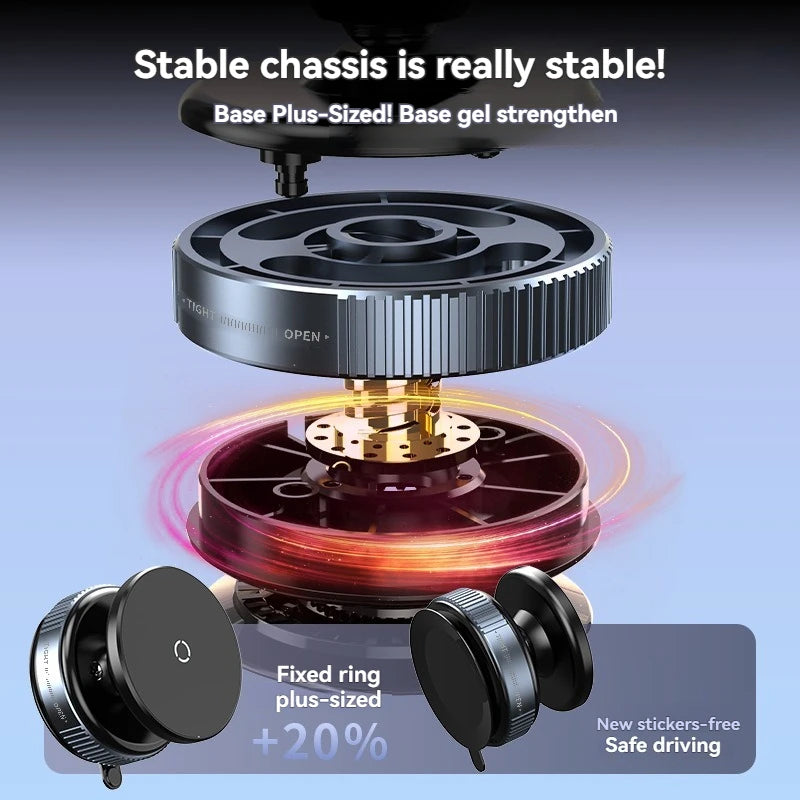 Exploded view of a black, circular, metallic car phone mount base with a textured grip and sturdy mechanical design.