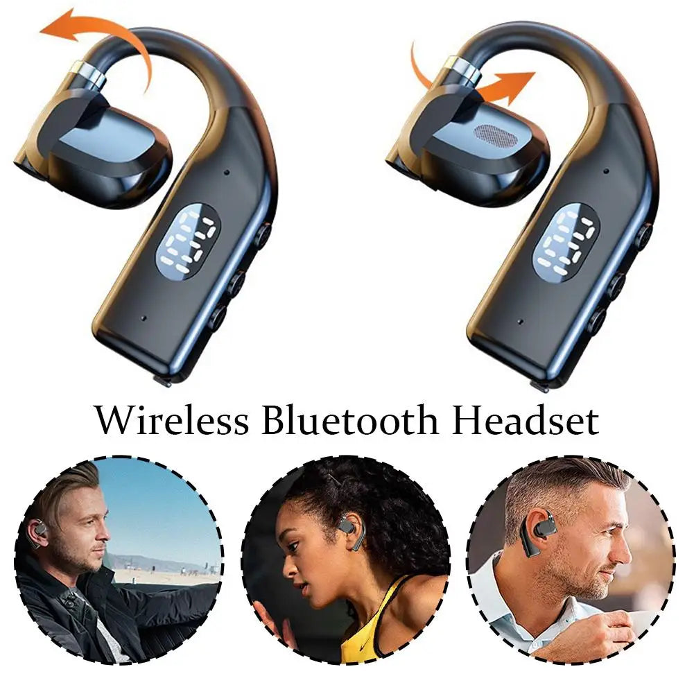 Black ear-hook wireless Bluetooth headset with a digital display, shown worn by different people in lifestyle circles.