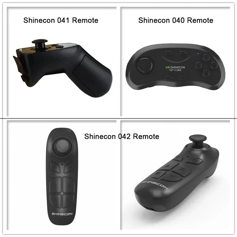 Three different styles of black wireless handheld controllers for 3D virtual reality headsets.