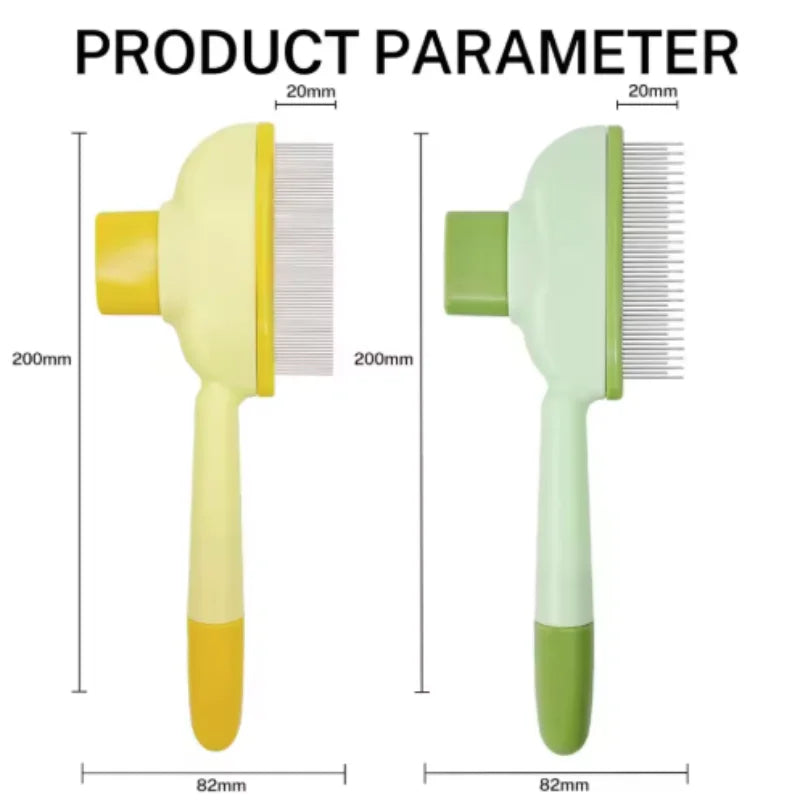 Two self-cleaning pet grooming slicker brushes in yellow and pastel green, measuring 200mm by 82mm.