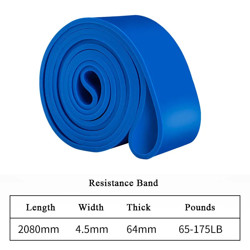 A coiled blue resistance band with a specification table showing 2080mm length and 65-175lb resistance.