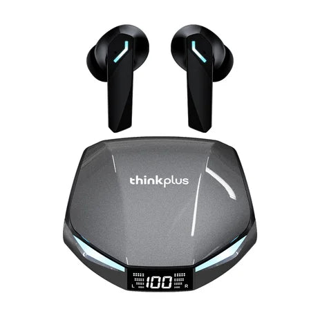 Black gaming wireless earbuds with glowing blue accents and a matching grey charging case with a digital battery display.