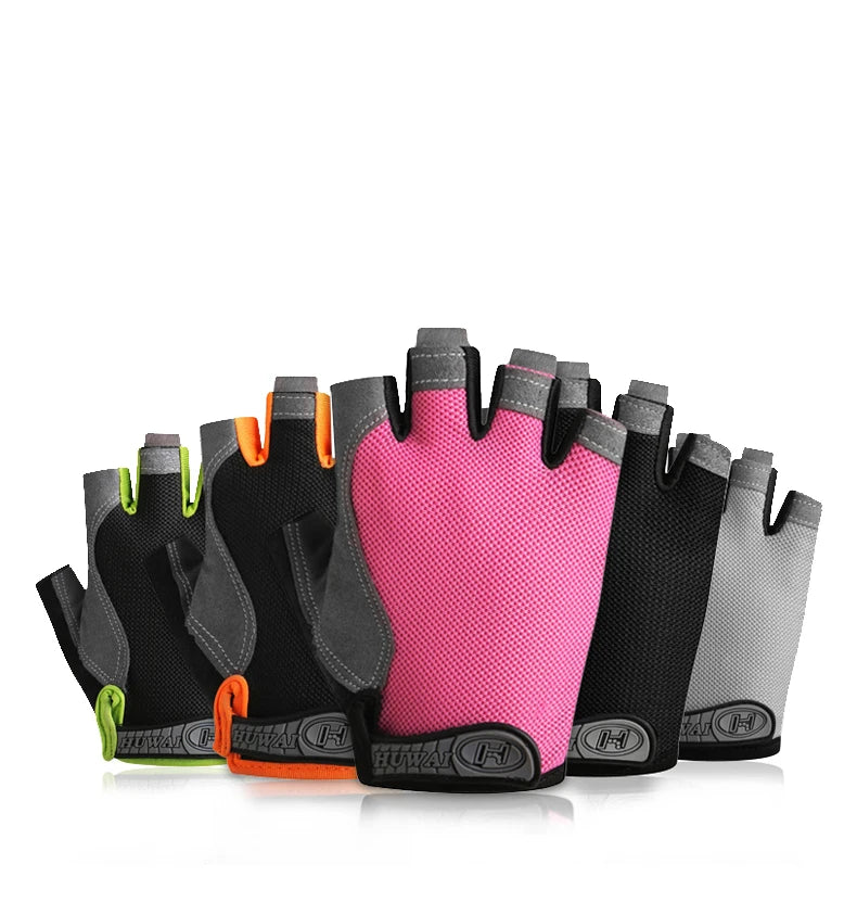 A collection of fingerless cycling gloves in various colours including pink, black, grey, orange, and lime green.