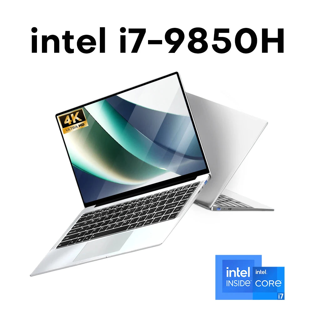 Sleek silver 14.1-inch slim laptop with a 4K display, black keyboard, and metallic finish.