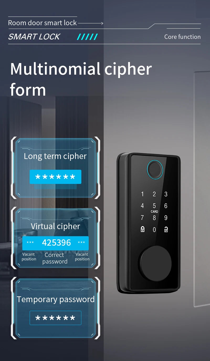 Black rectangular electronic smart door lock with a numeric keypad, card sensor, and circular handle.