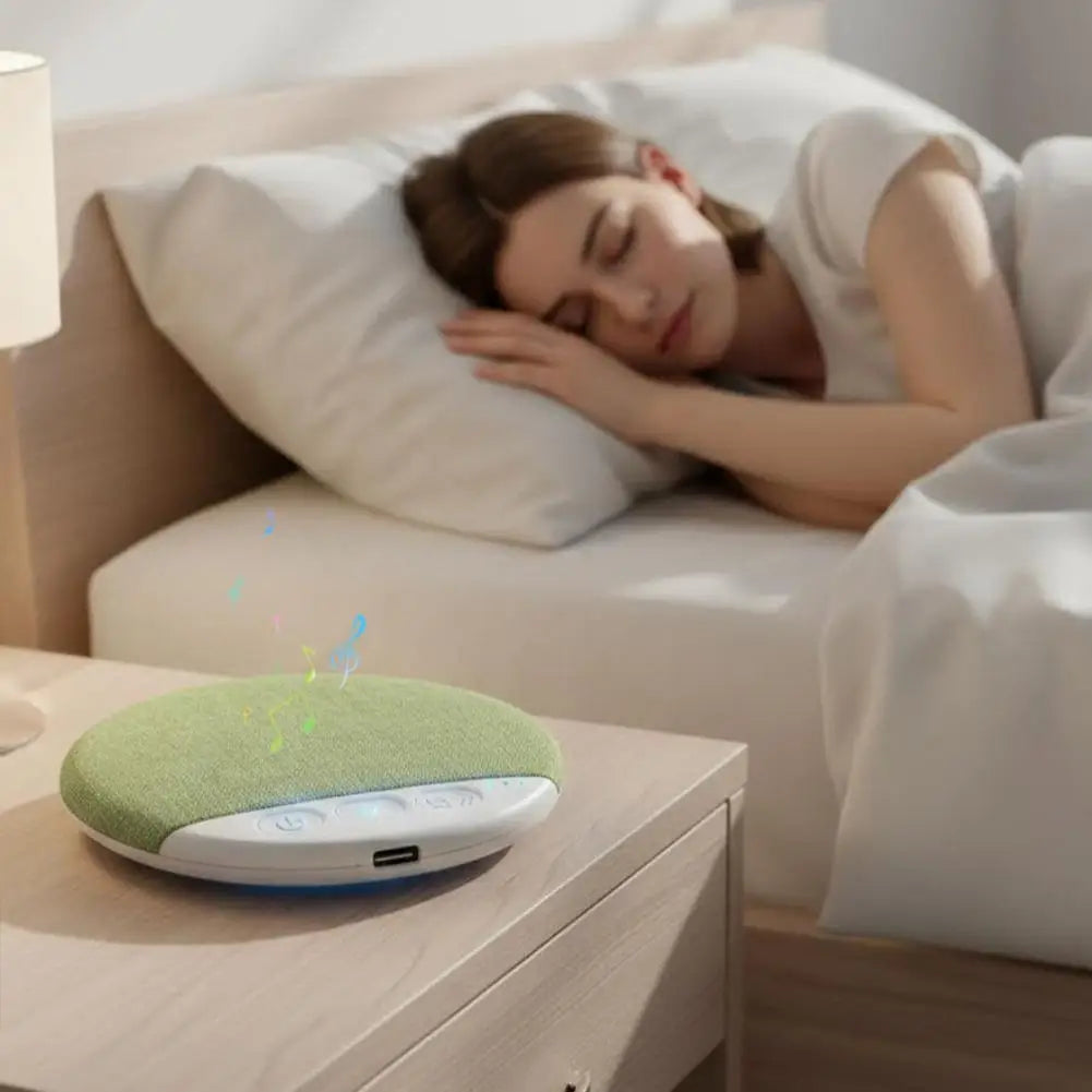 Round sage green wireless under-pillow speaker with white base and control buttons, sitting on a bedside table.