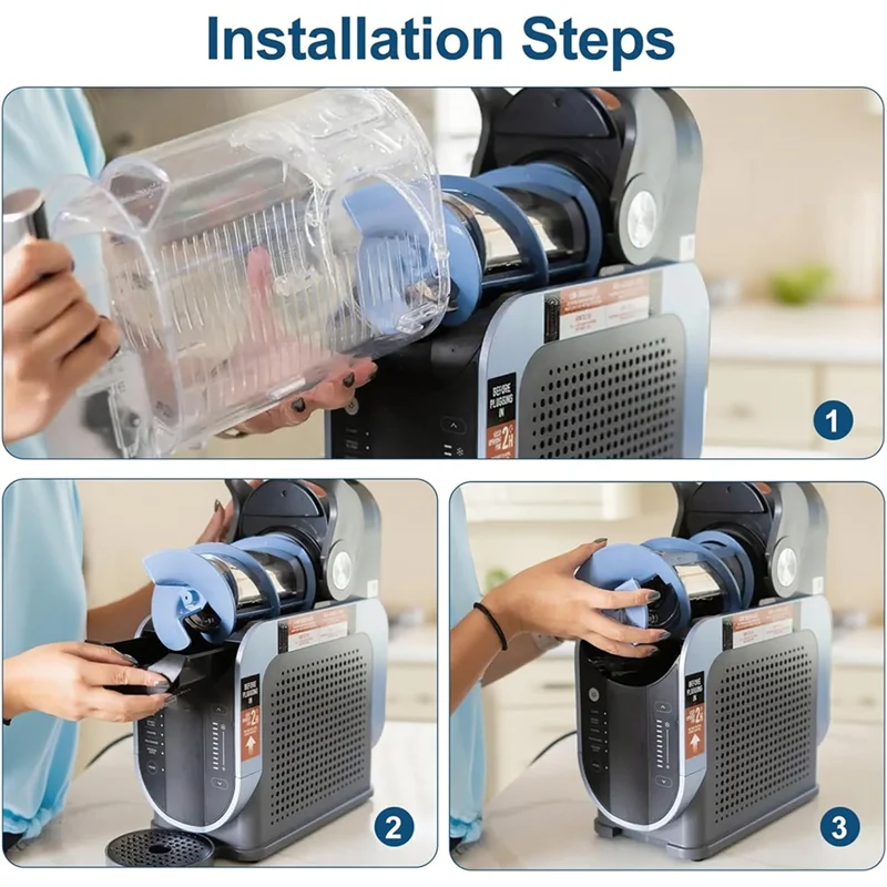 Three-step installation guide showing how to attach the clear jug and blue mixing auger to the grey slushie maker.