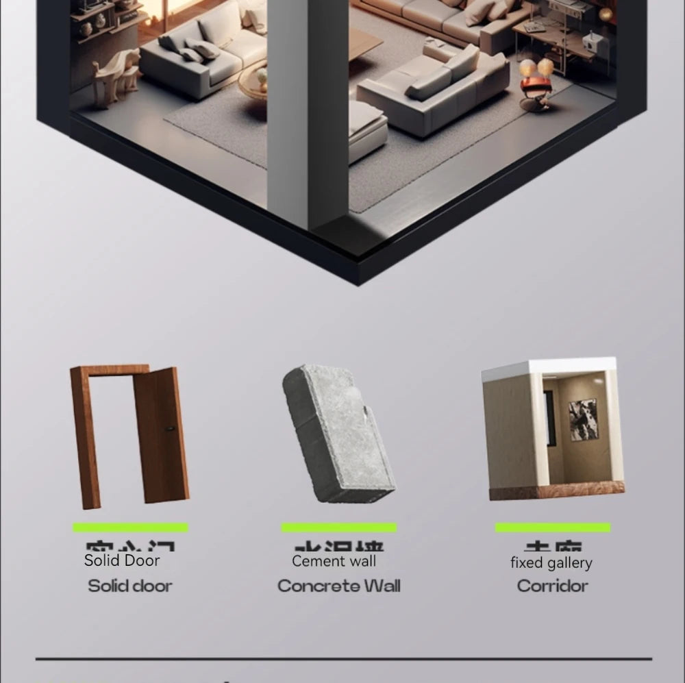 Architectural concept showing a modern living room interior with icons for a solid door, concrete wall, and corridor.