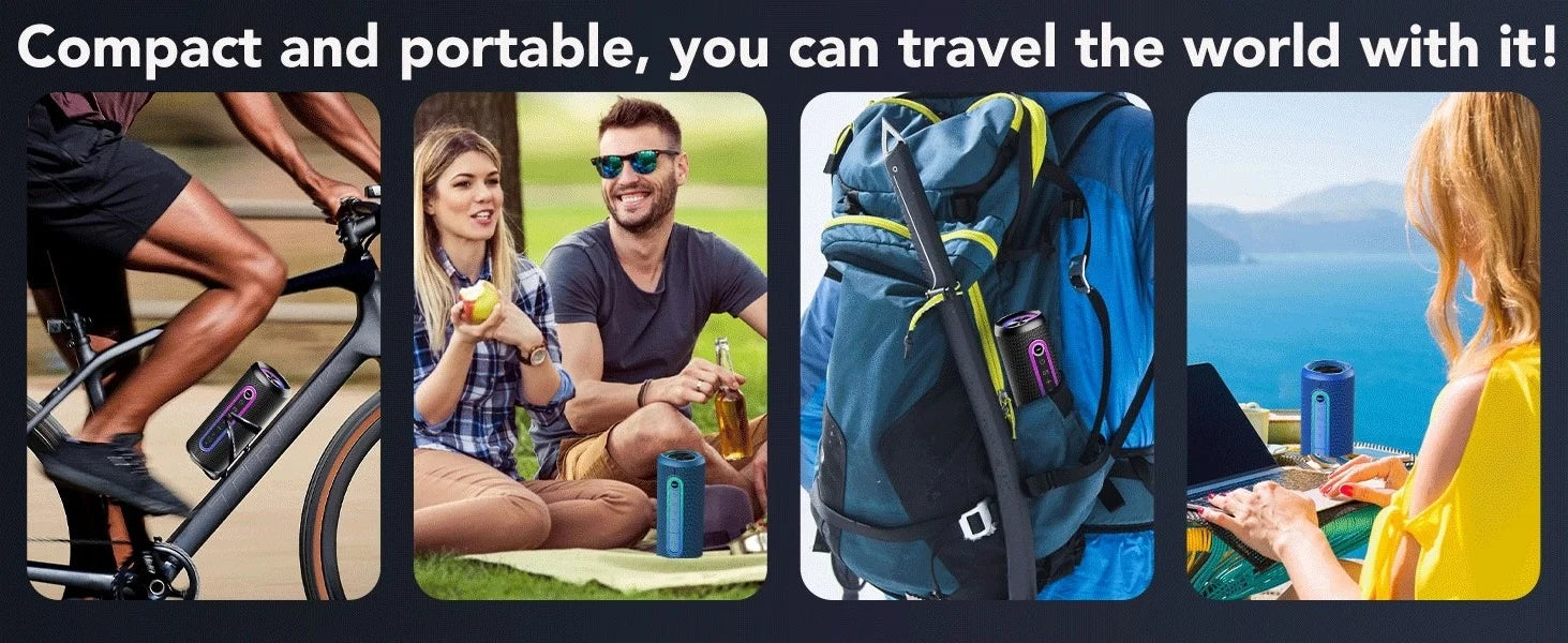 Compact, waterproof Bluetooth speaker with LED lights, shown in use while cycling, picnicking, and hiking.