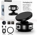 Black and silver magnetic phone holder for car with accessories, including charging cable, metal ring, and cleaning wipes.