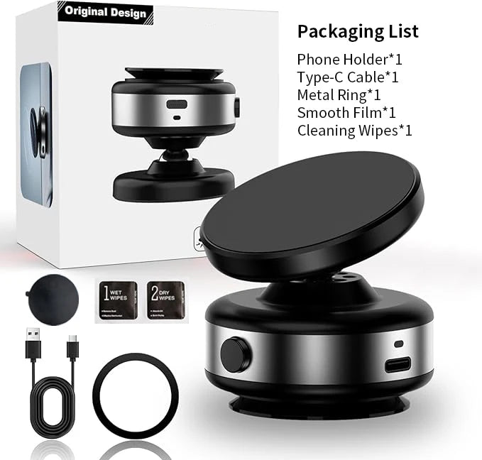 Black and silver magnetic phone holder for car with accessories, including charging cable, metal ring, and cleaning wipes.