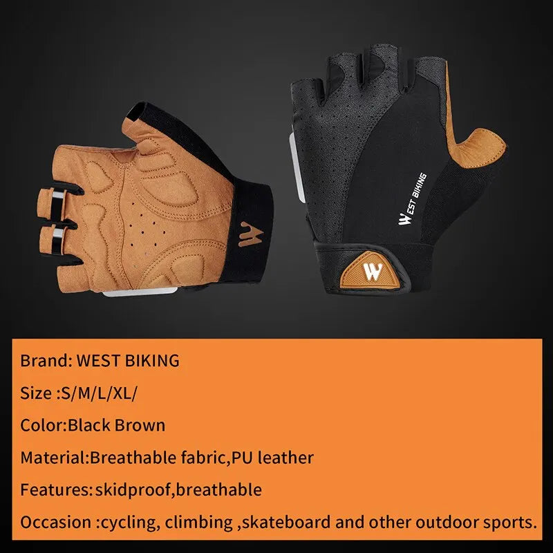 Black and brown fingerless cycling gloves by West Biking, featuring breathable fabric and skidproof leather palms.