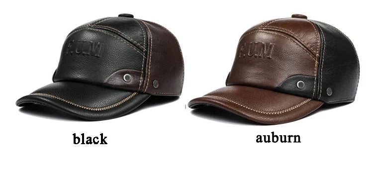 Two men's leather winter baseball caps with ear flaps, shown in black and brown colourways.
