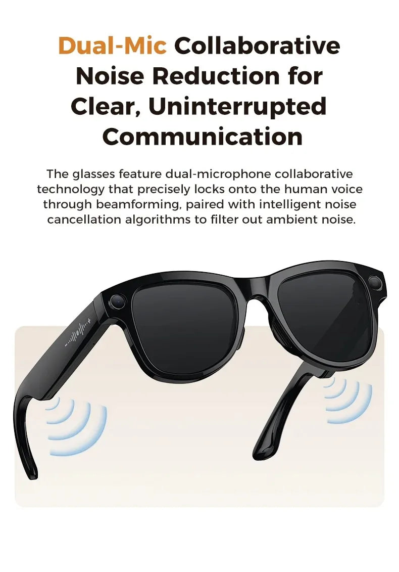 Stylish glossy black smart glasses with integrated camera lenses and built-in audio speakers.