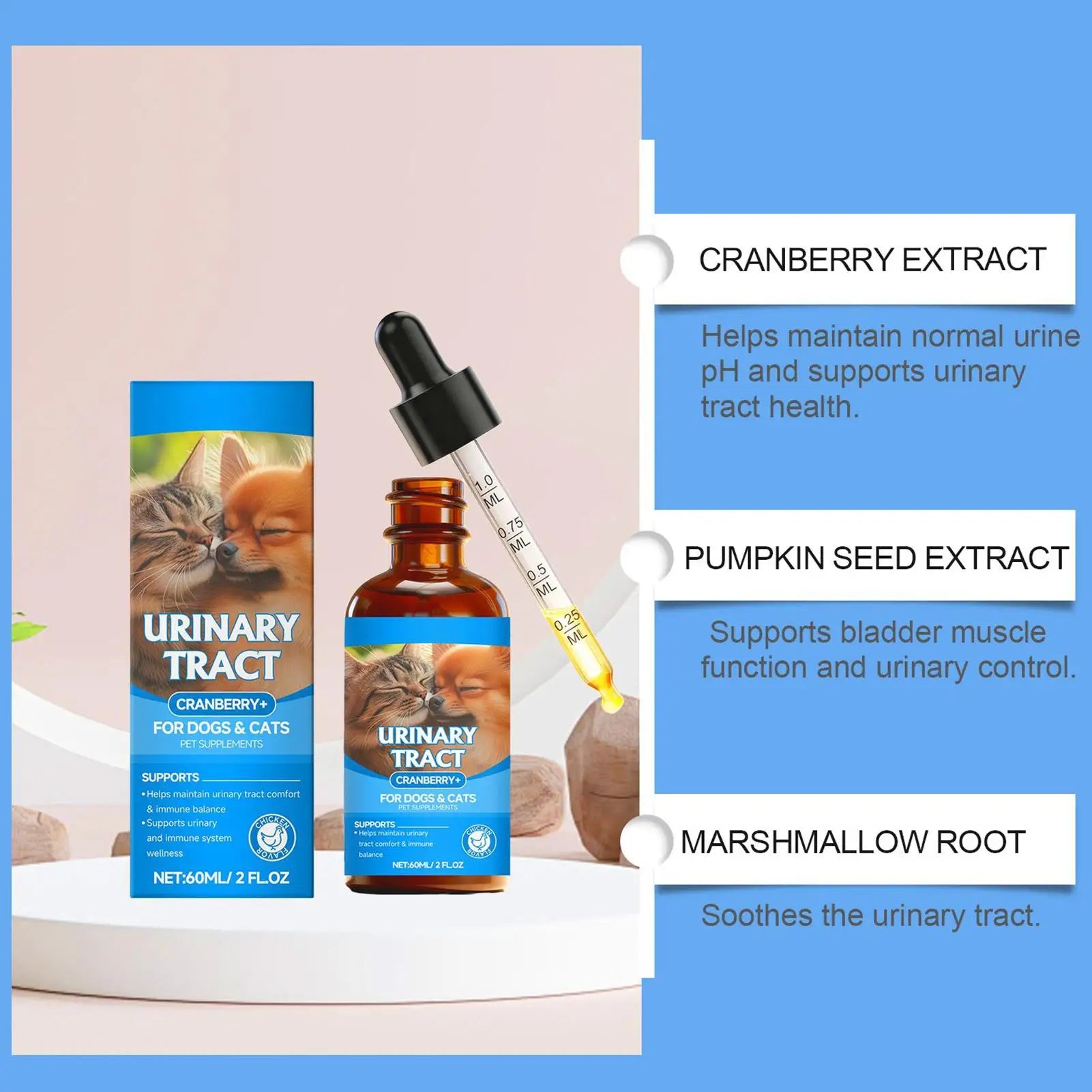 Urinary tract supplement for dogs and cats in a 60ml amber glass dropper bottle with box, featuring natural extracts.