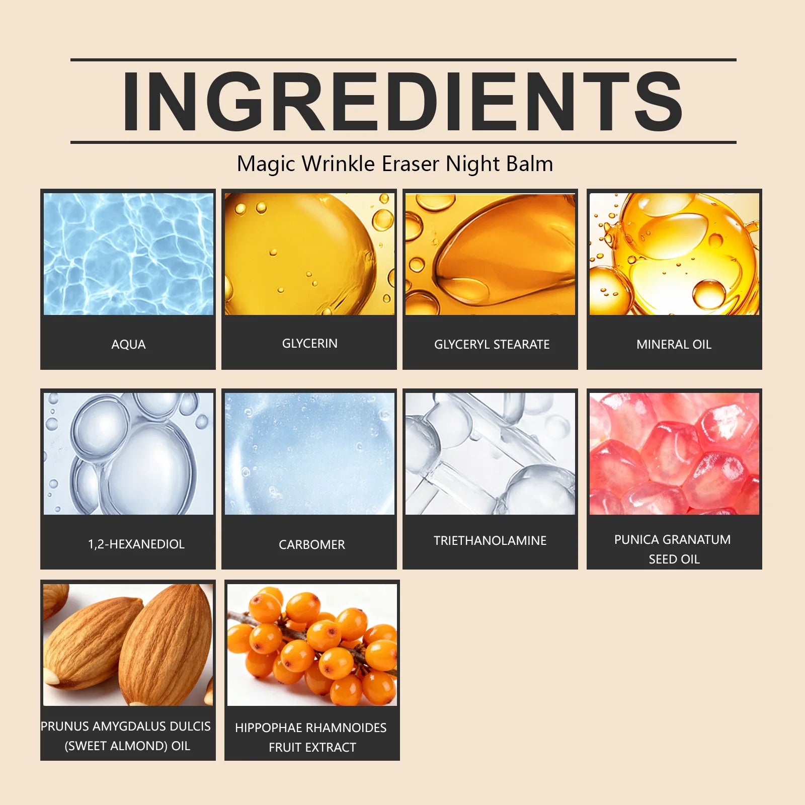Infographic showing ingredients for Magic Wrinkle Eraser Night Balm, featuring images of oils, water, and plant extracts.