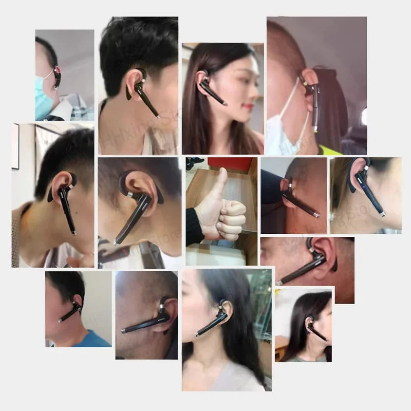 A collage showing various people wearing a sleek, black wireless Bluetooth earpiece with an integrated microphone.