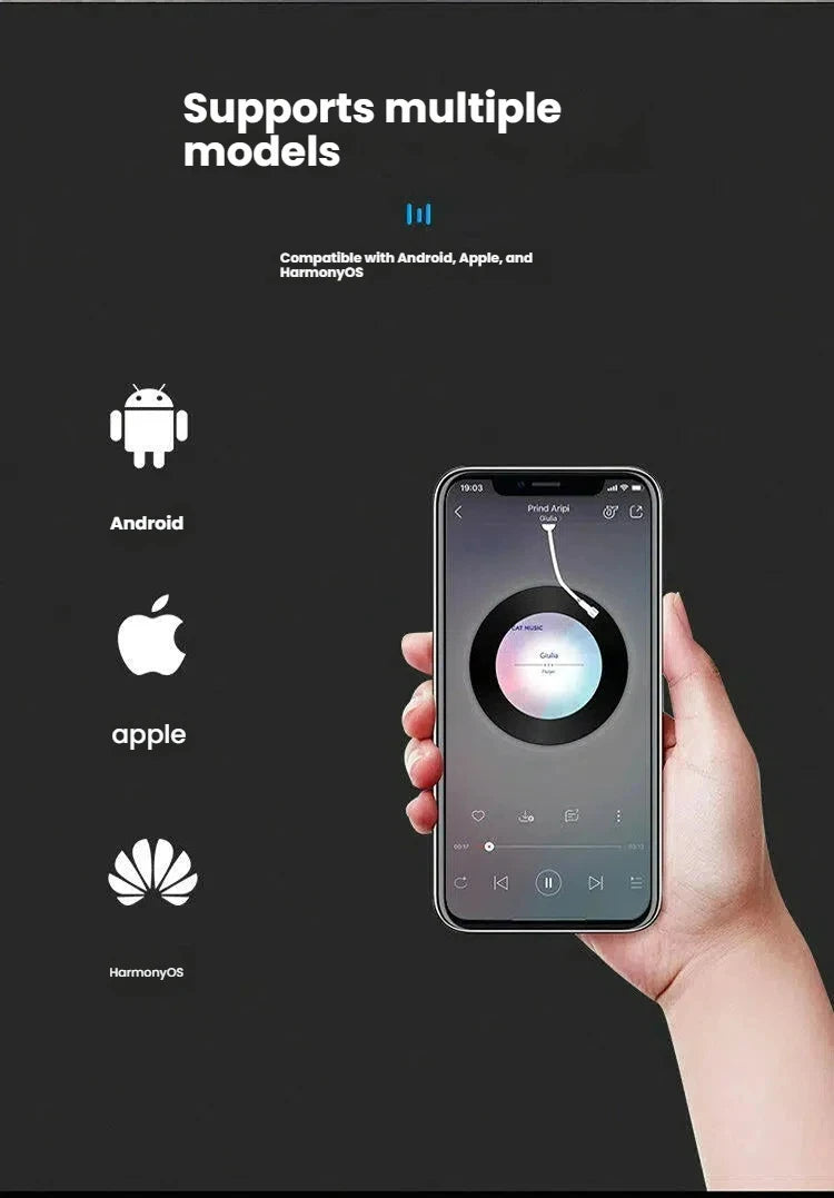 A hand holds a smartphone displaying a music app, highlighting broad compatibility with major mobile operating systems.
