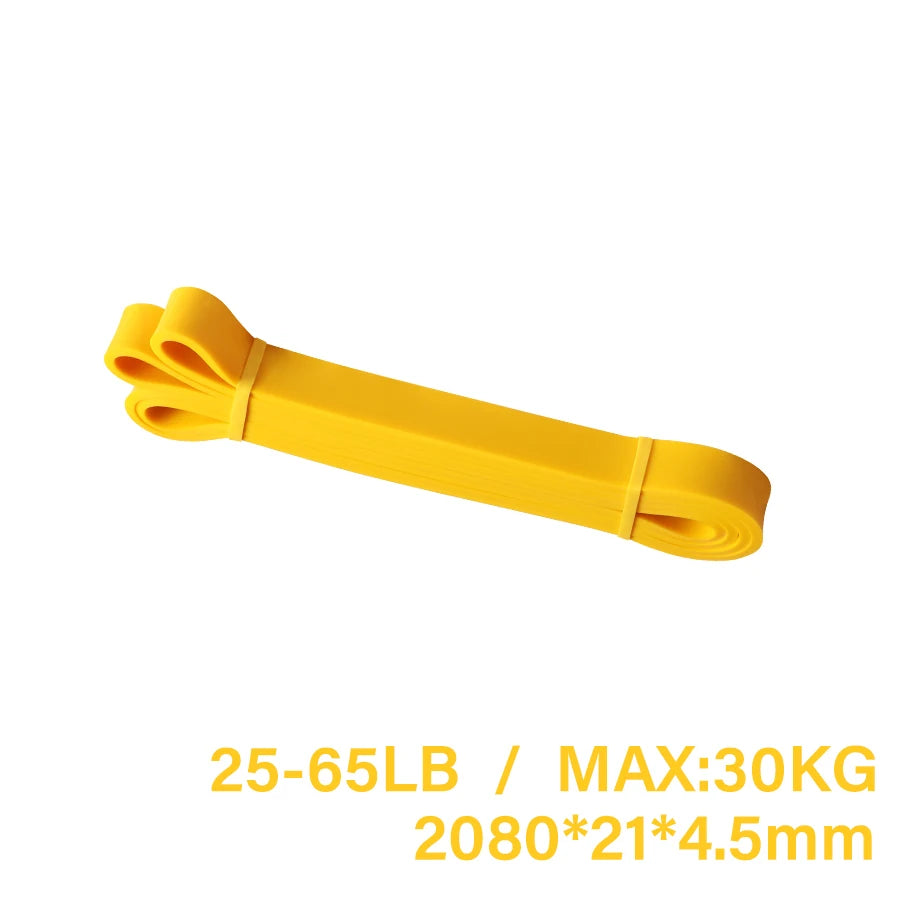 Yellow resistance band loop for exercise, with text showing 25-65lb / 30kg max resistance and dimensions.