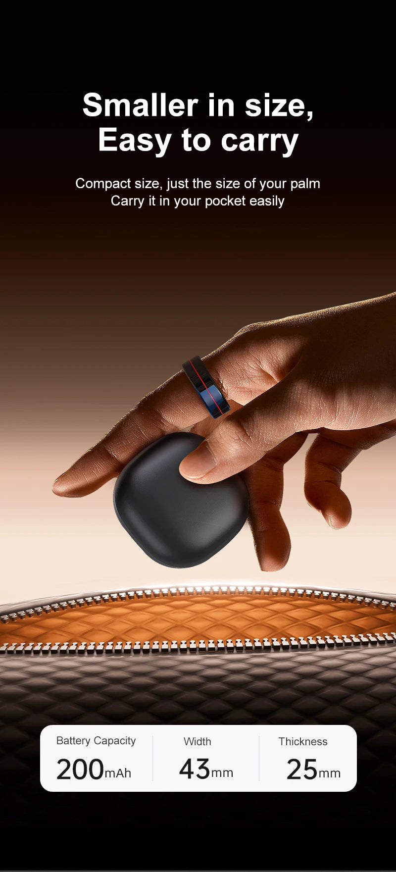 A sleek dark blue and red smart fitness ring held in a hand above a compact, pocket-sized black charging case.