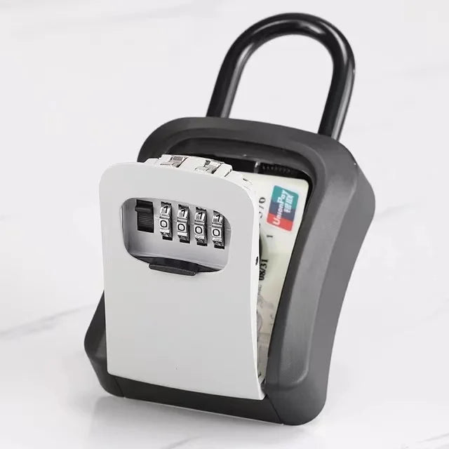 Black and white metal padlock-style key storage box with a four-digit combination lock and interior compartment.