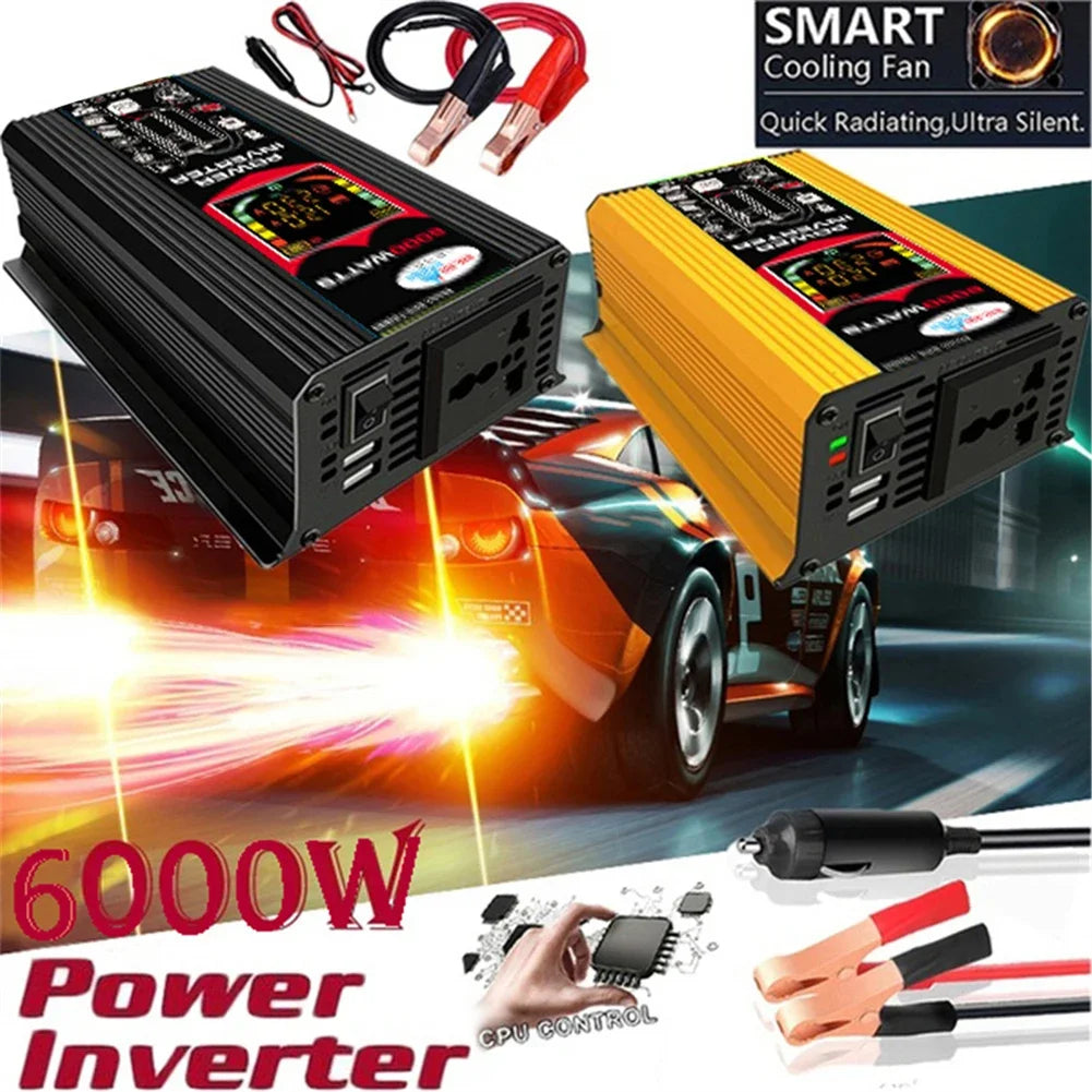 Black and yellow 6000W car power inverters with LED display, dual USB ports, and included battery connection cables.