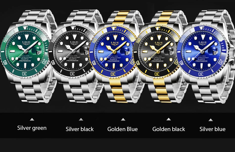 Five stainless steel quartz wristwatches with rotating bezels, available in various silver and gold-tone colourways.