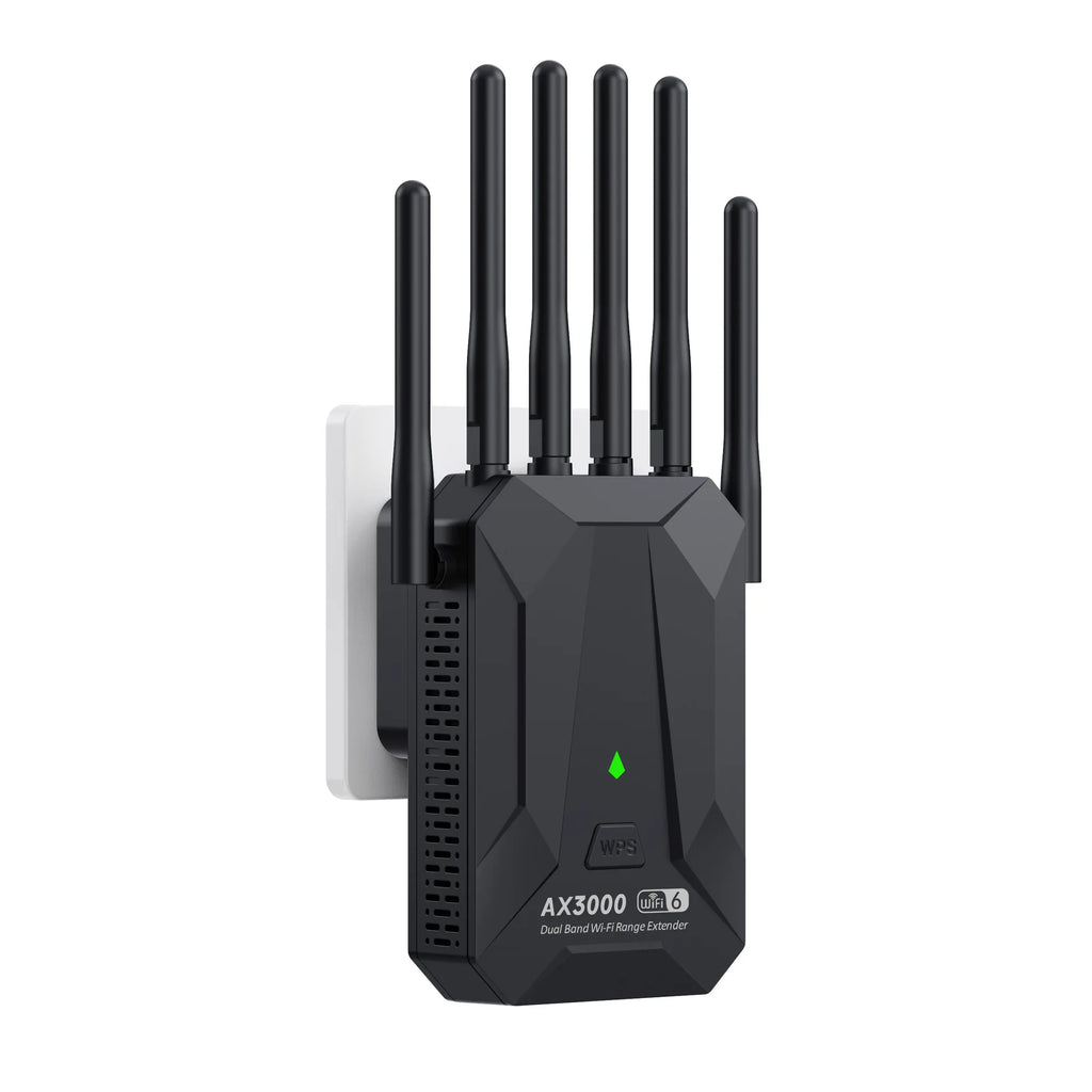 Black WiFi 6 range extender with six antennas and a green LED indicator light, designed to plug into a wall socket.