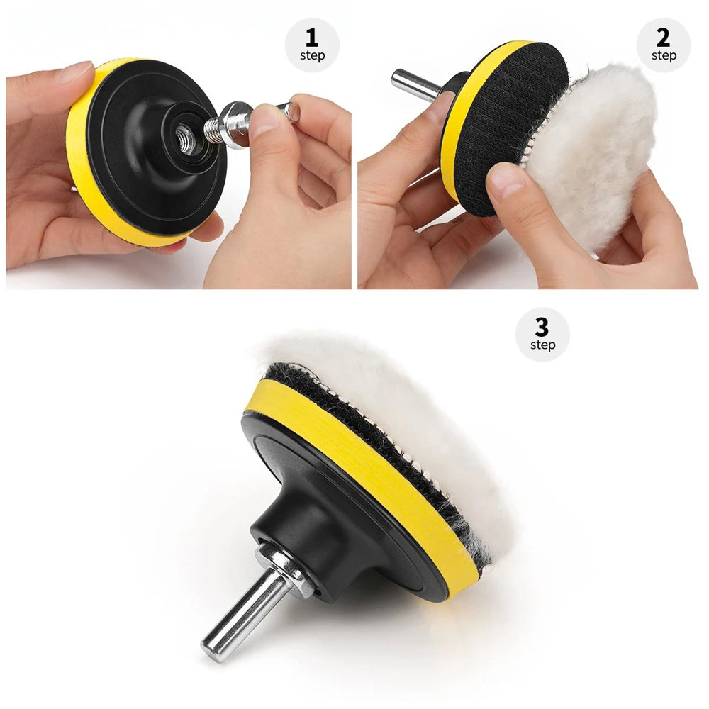 Hands assembling a yellow-and-black 3-inch buffing pad and metal drill adapter, showing three setup steps.