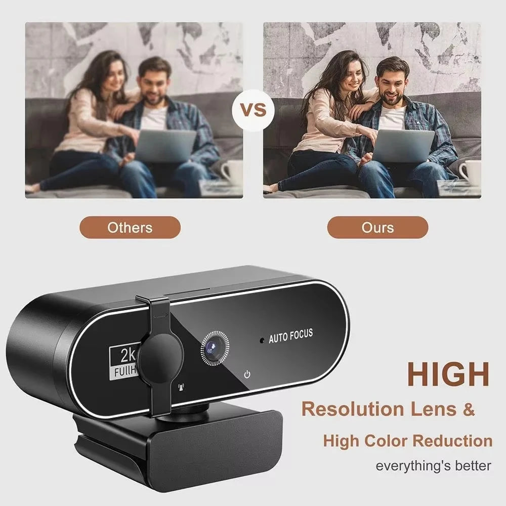 Black 4K autofocus webcam with a privacy cover and built-in microphone, showing a comparison of high-quality imagery.