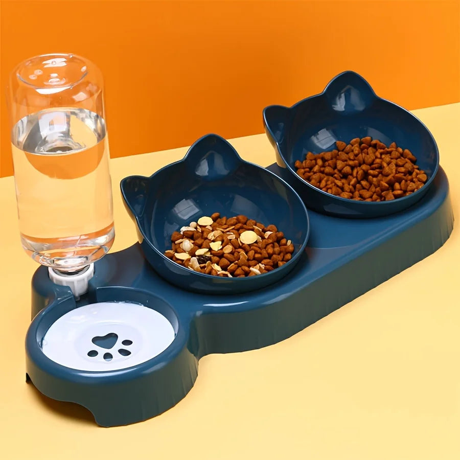 Blue 3-in-1 pet feeding station with two cat-shaped bowls, a gravity water dispenser, and a paw-print water tray.