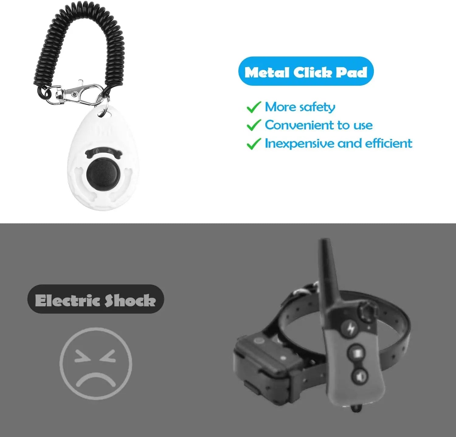 White dog training clicker with a black button and extendable coil wrist strap, contrasted with a shock collar set.