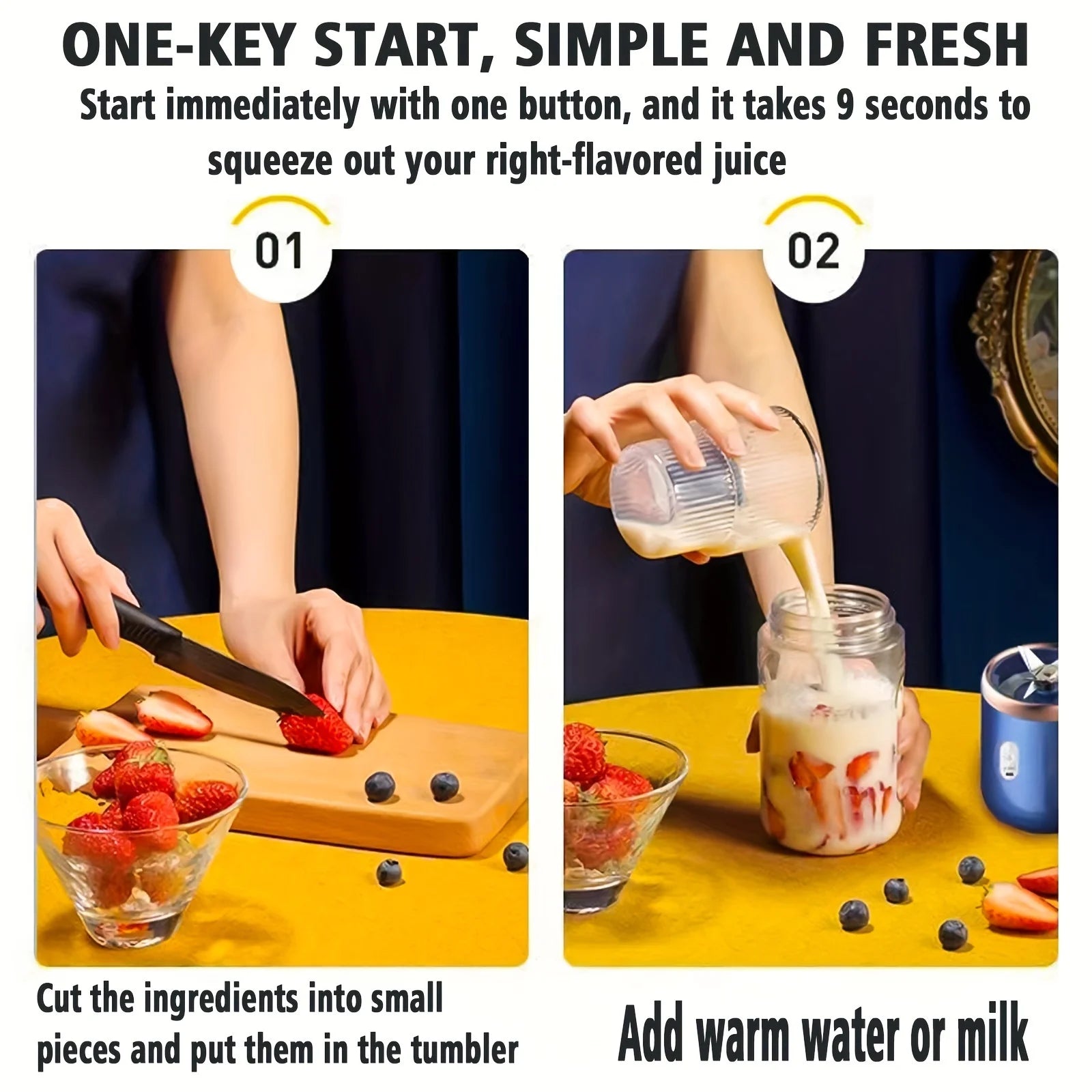 A blue portable blender, shown in a two-step instructional guide for making fruit juice with strawberries and milk.