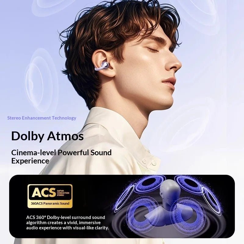 A man wears sleek, light-purple open-ear clip headphones, showcasing a modern, minimalist design for immersive audio.