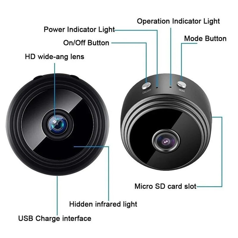 Small black circular plastic security camera with HD wide-angle lens, buttons, indicator lights, and SD card slot.
